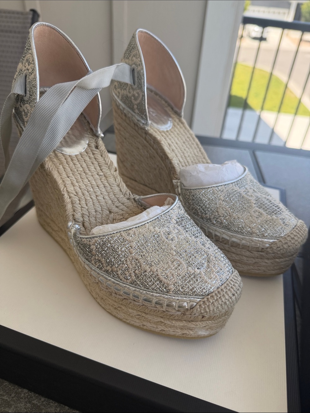 Gucci Silver Monogram Espadrille Wedge Sandals with Ribbon Tie